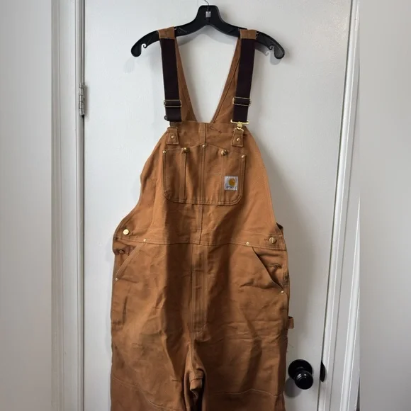 Vintage 90s Carhartt Tan Worker Cargo Double Knee Overalls 42 X 34 - Picture 2 of 9